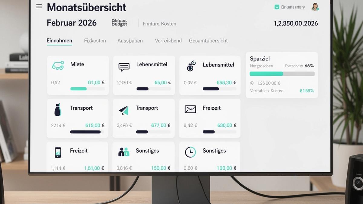 Illustration eines Budget-Dashboards mit Kategorien, Monatsübersicht und Sparziel